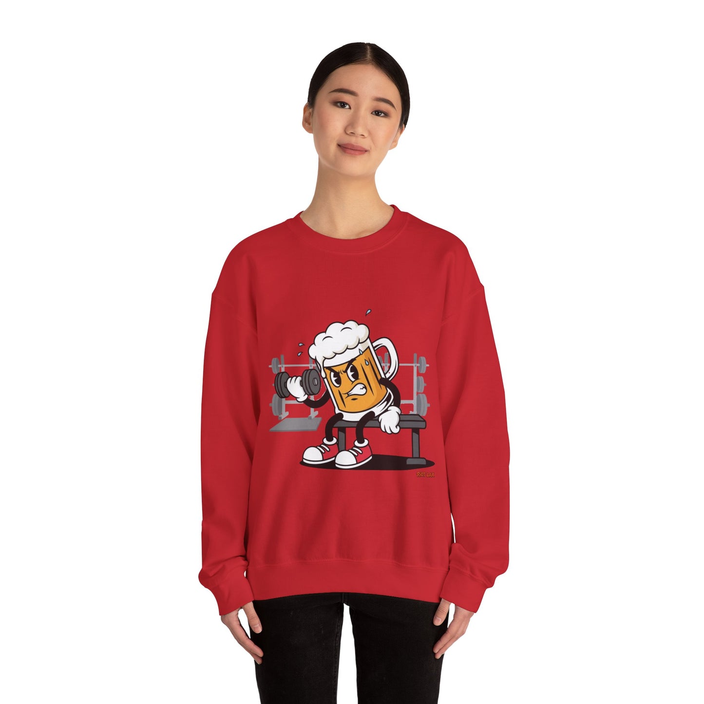 Chugsy McCradle Mascot Lifting Weights Crewneck Sweatshirt | Gym Mascot Apparel