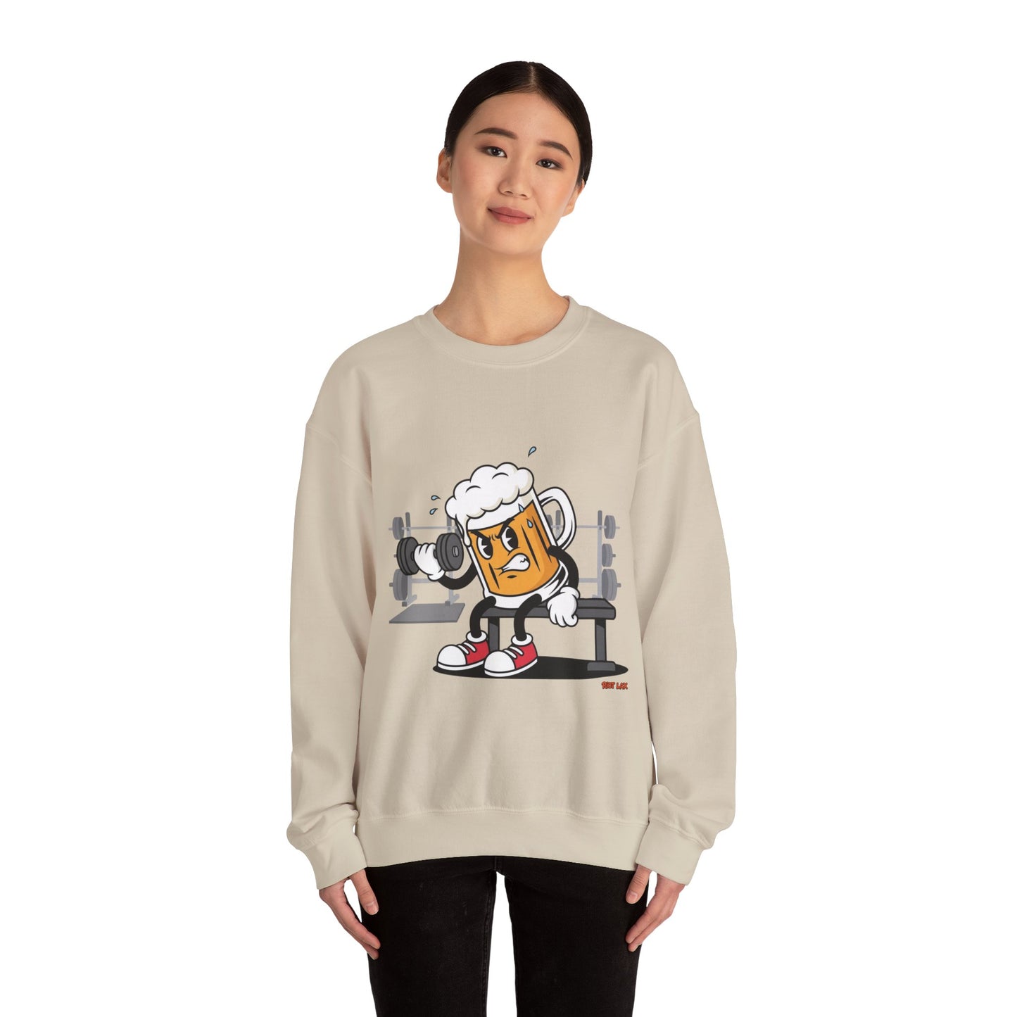 Chugsy McCradle Mascot Lifting Weights Crewneck Sweatshirt | Gym Mascot Apparel