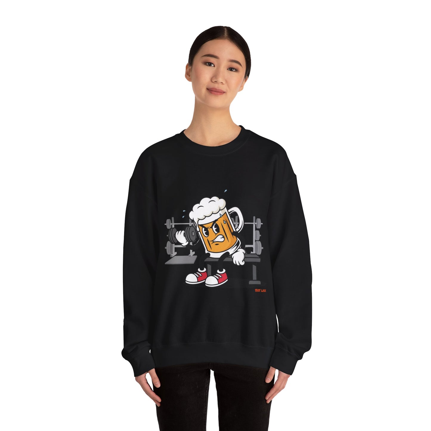 Chugsy McCradle Mascot Lifting Weights Crewneck Sweatshirt | Gym Mascot Apparel