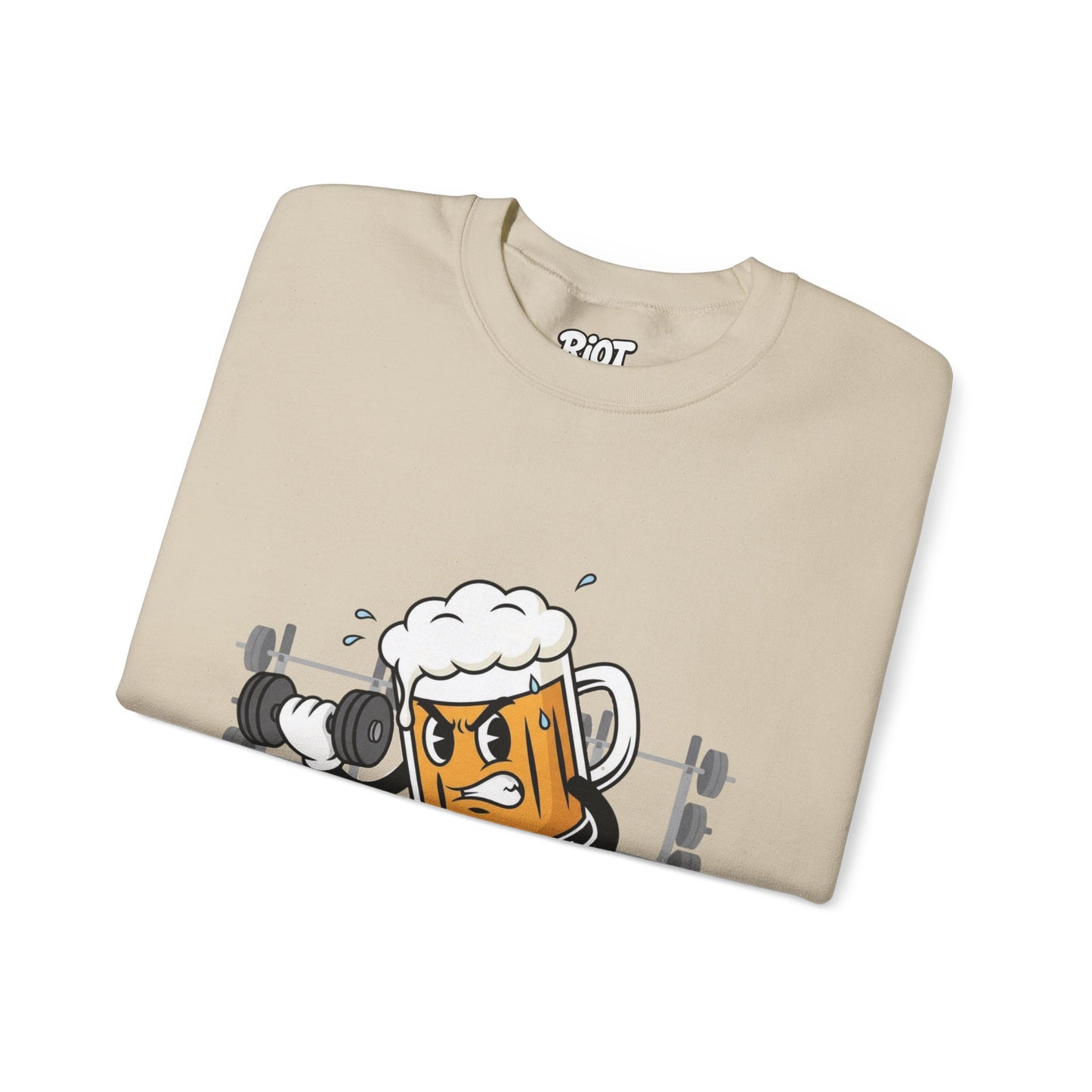 Chugsy McCradle Mascot Lifting Weights Crewneck Sweatshirt | Gym Mascot Apparel