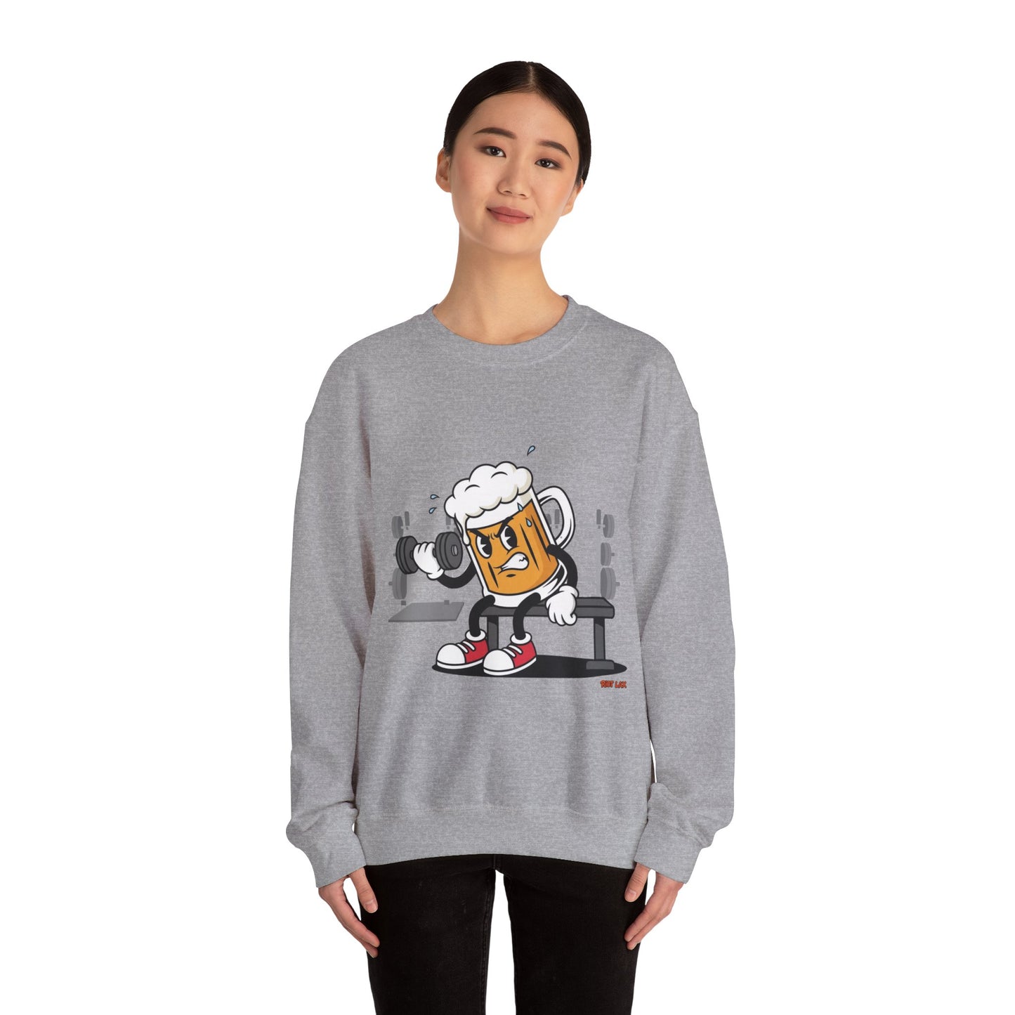 Chugsy McCradle Mascot Lifting Weights Crewneck Sweatshirt | Gym Mascot Apparel