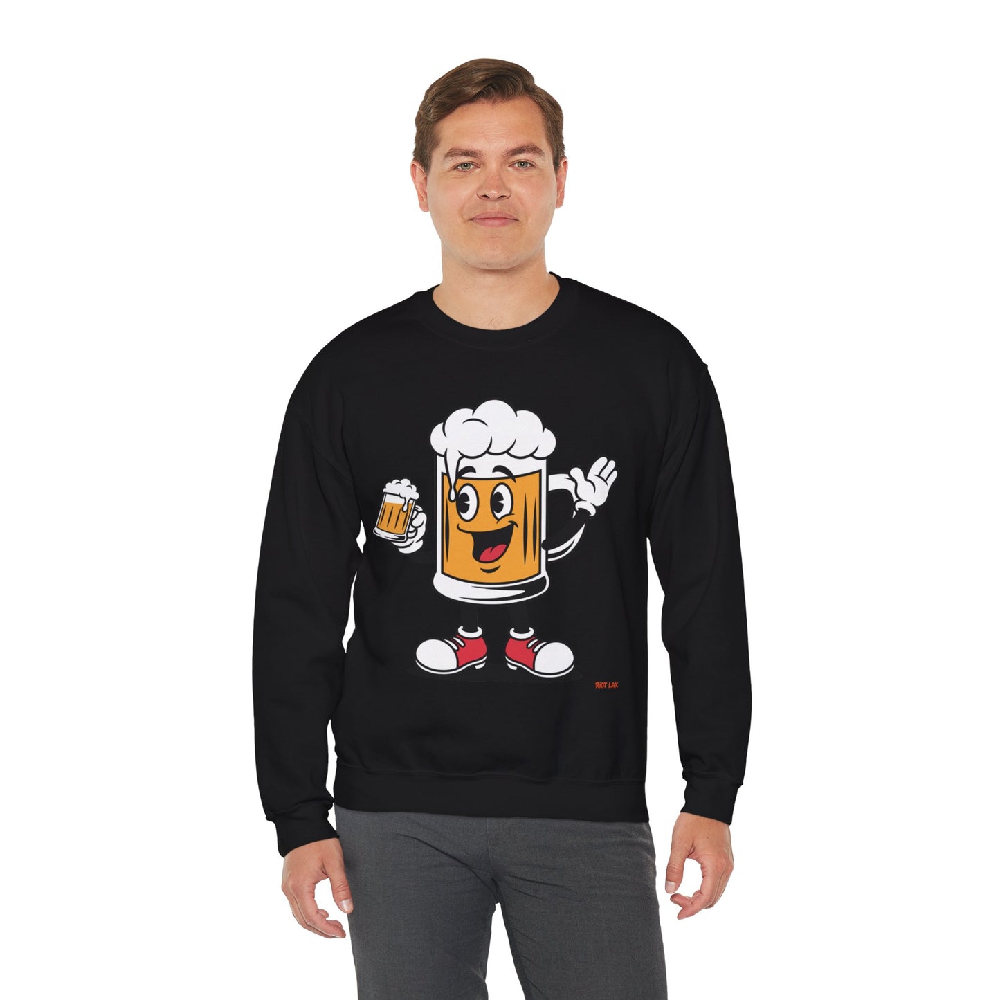 Happy Beer Mug Crewneck Sweatshirt — Retro Cartoon Cheers Design