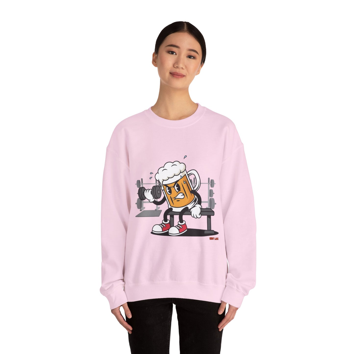 Chugsy McCradle Mascot Lifting Weights Crewneck Sweatshirt | Gym Mascot Apparel