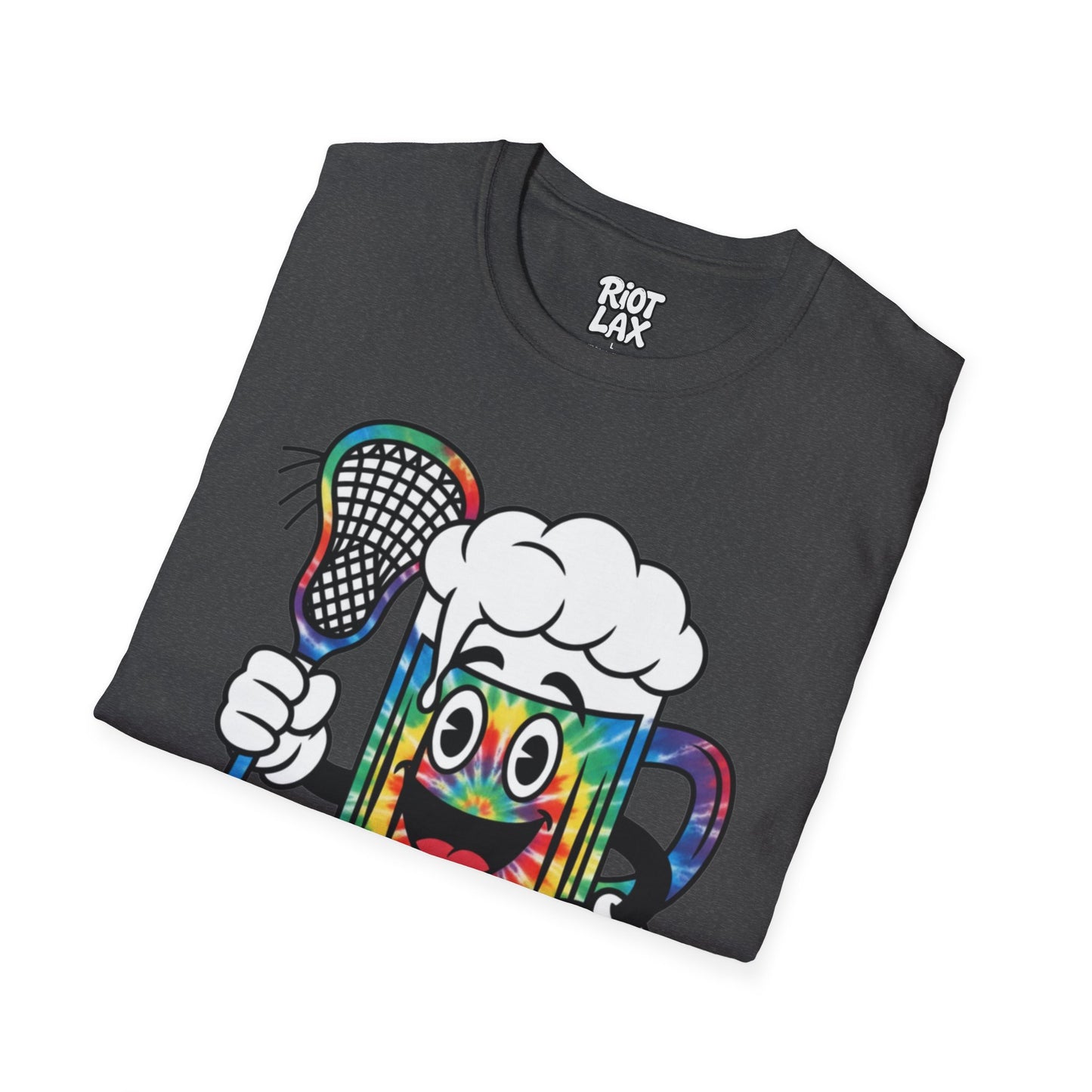 Lacrosse Beer Mug T-Shirt — Colorful Tie-Dye Beer Mascot Tee