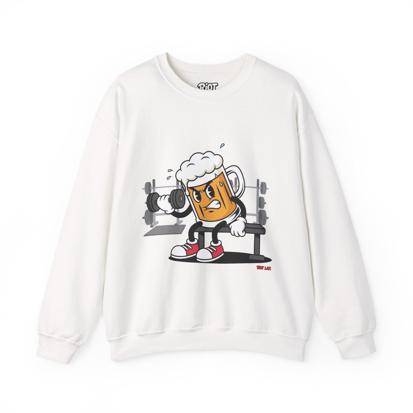 Chugsy McCradle Mascot Lifting Weights Crewneck Sweatshirt | Gym Mascot Apparel