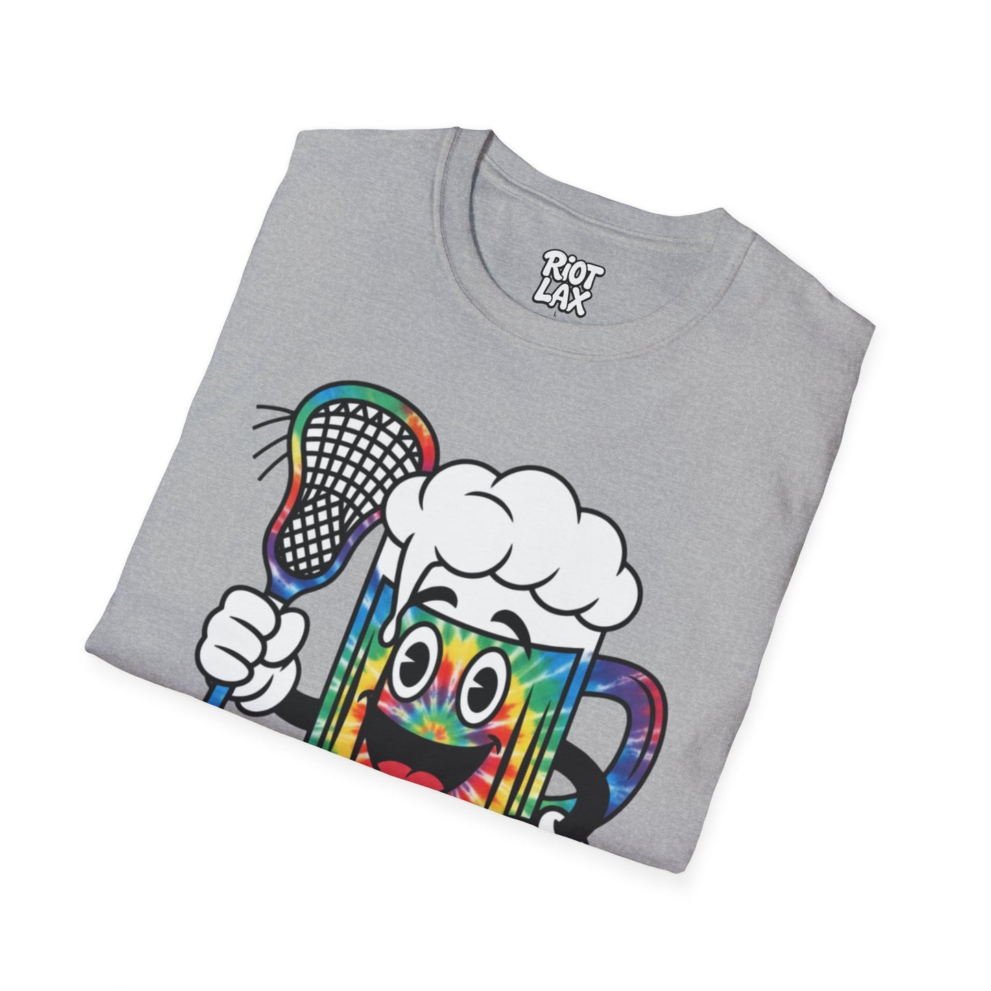 Lacrosse Beer Mug T-Shirt — Colorful Tie-Dye Beer Mascot Tee