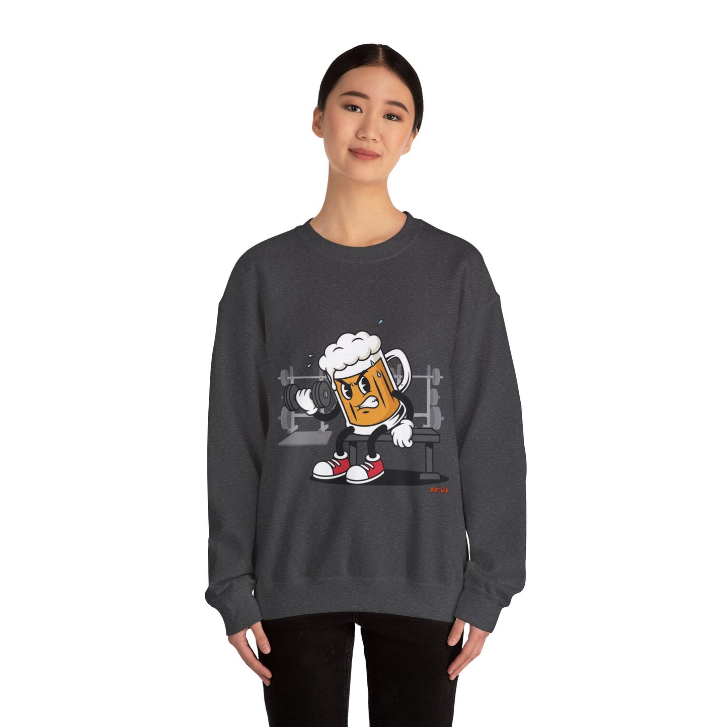 Chugsy McCradle Mascot Lifting Weights Crewneck Sweatshirt | Gym Mascot Apparel