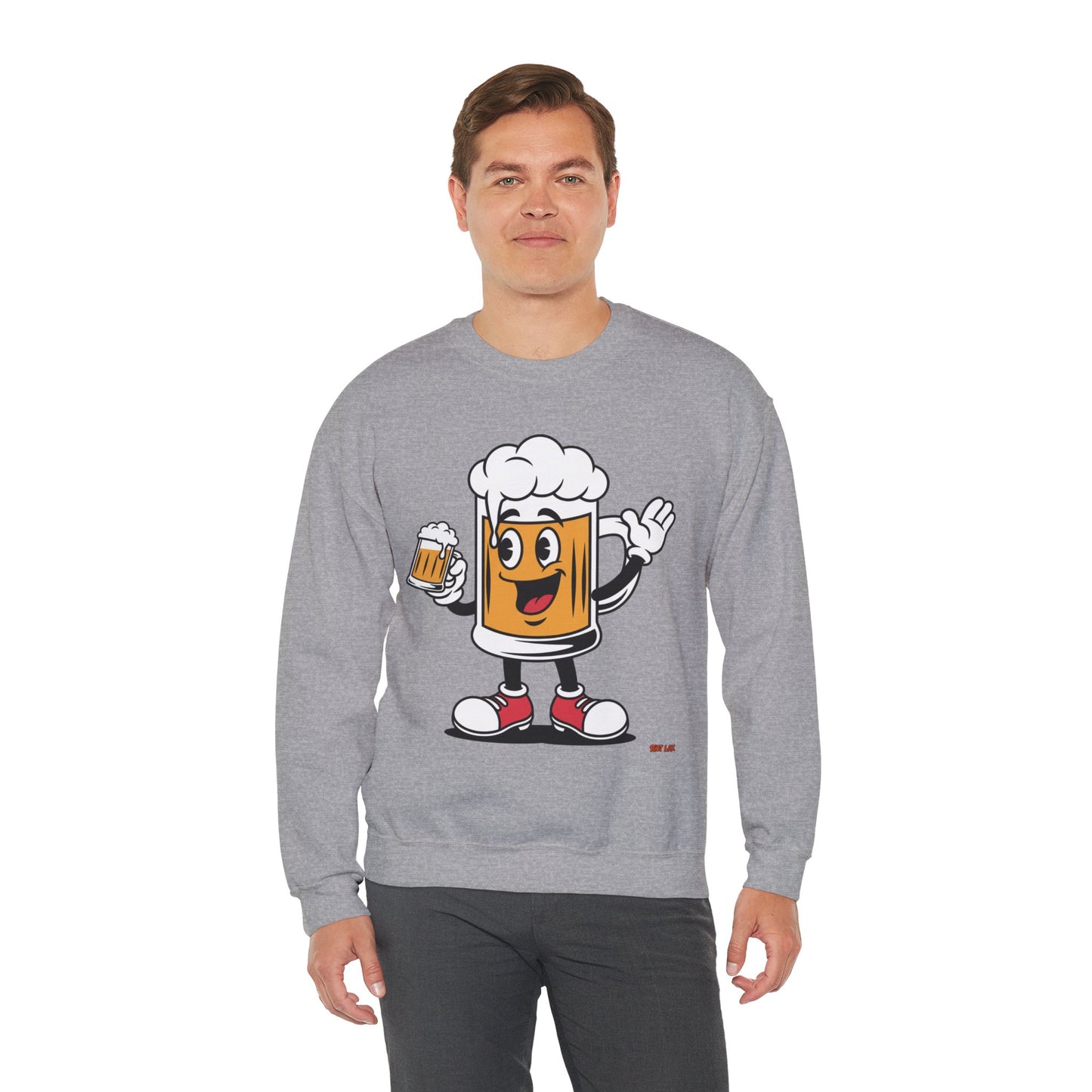 Happy Beer Mug Crewneck Sweatshirt — Retro Cartoon Cheers Design