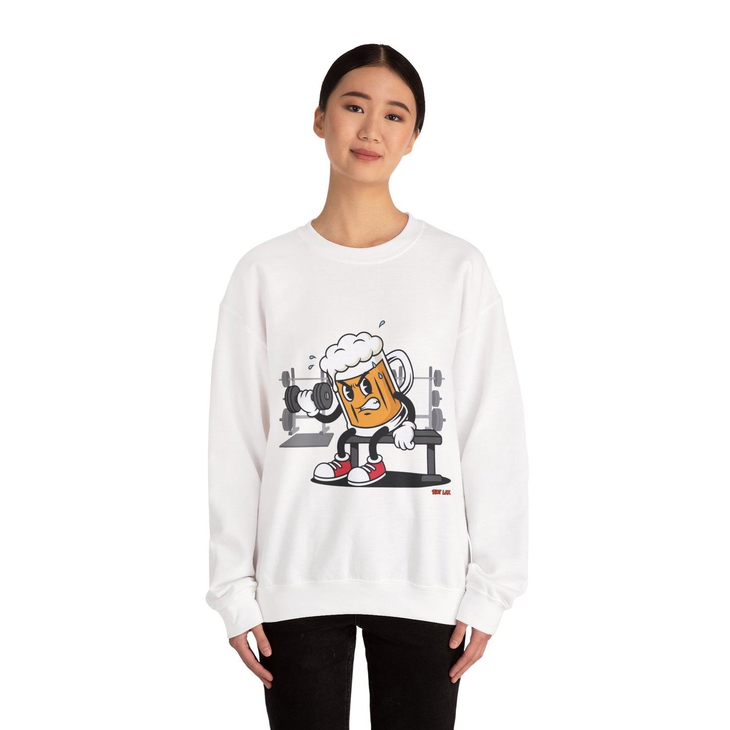 Chugsy McCradle Mascot Lifting Weights Crewneck Sweatshirt | Gym Mascot Apparel