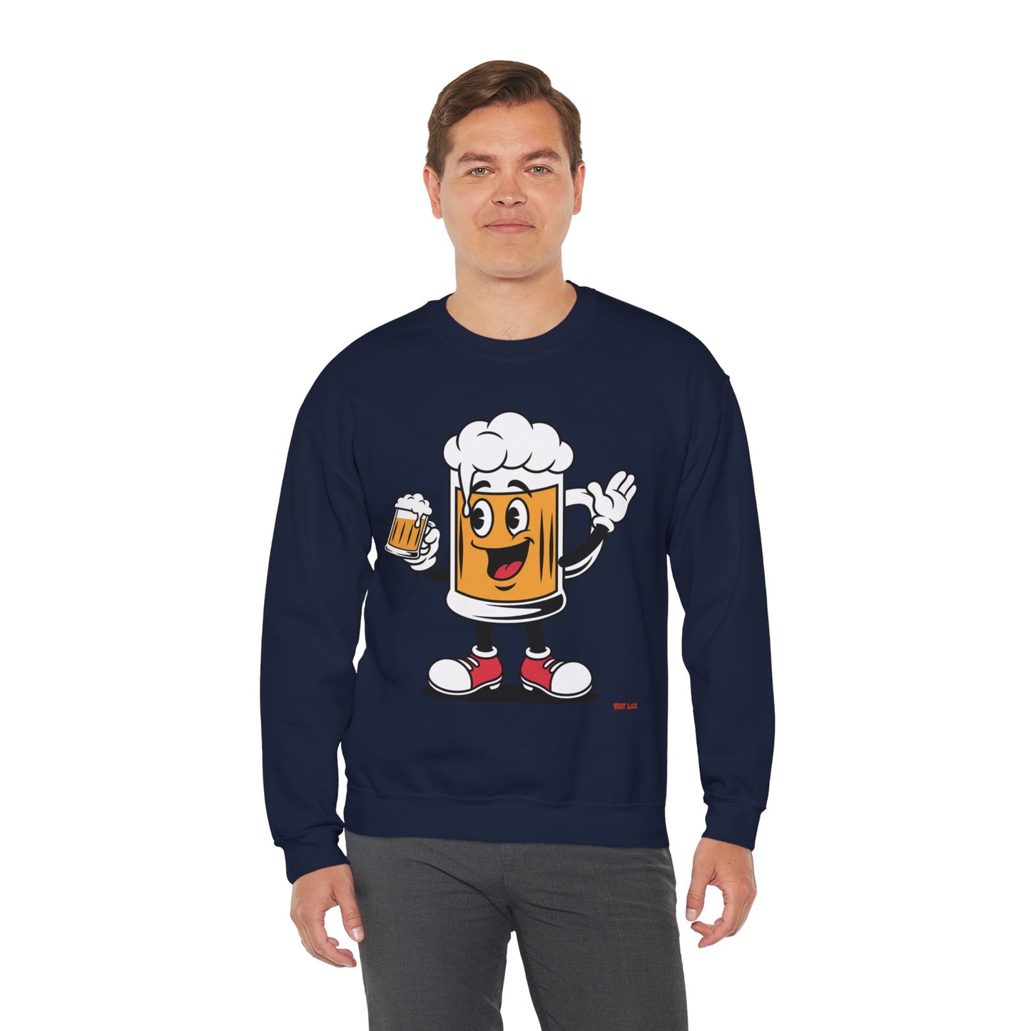 Happy Beer Mug Crewneck Sweatshirt — Retro Cartoon Cheers Design