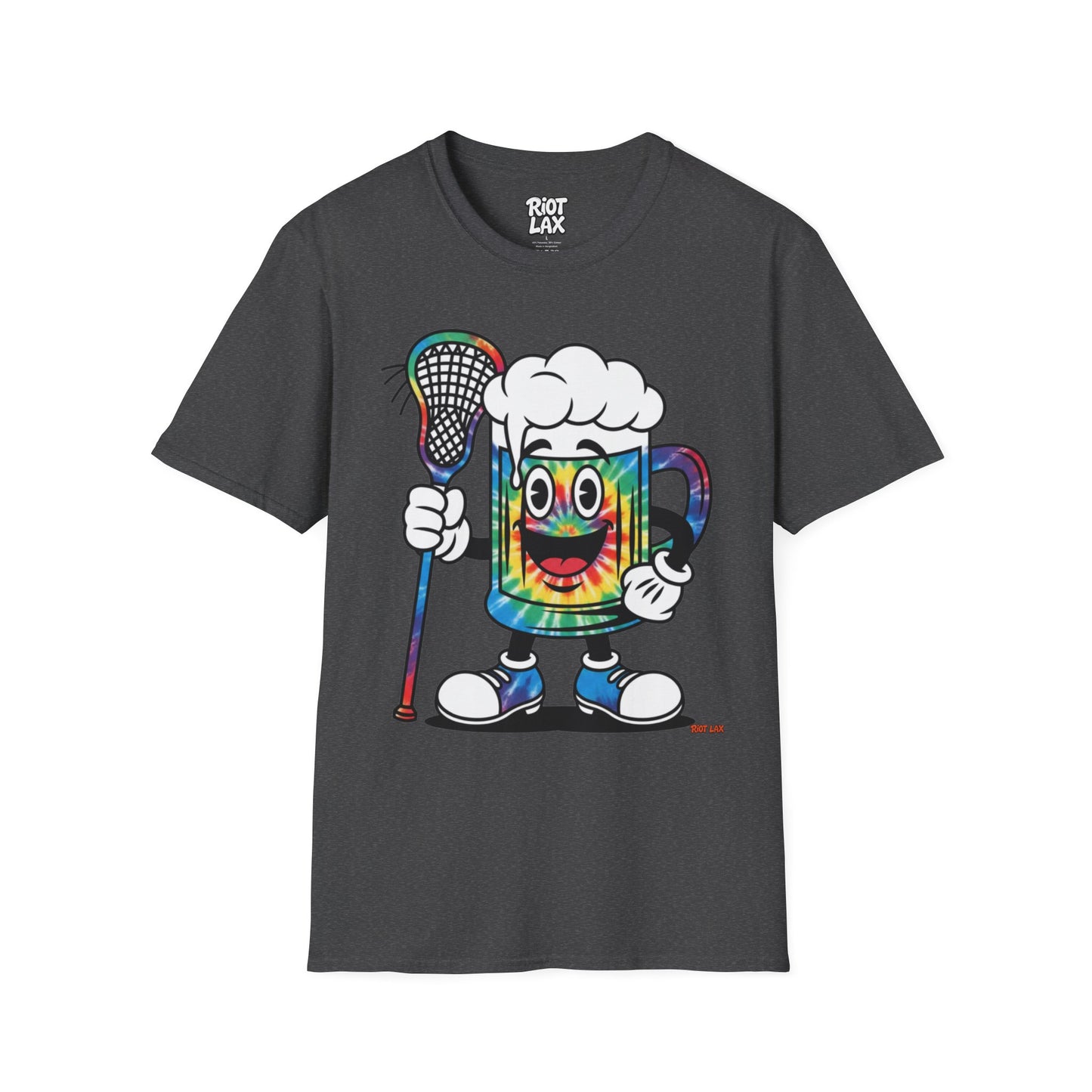 Lacrosse Beer Mug T-Shirt — Colorful Tie-Dye Beer Mascot Tee