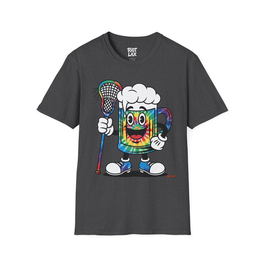 Lacrosse Beer Mug T-Shirt — Colorful Tie-Dye Beer Mascot Tee