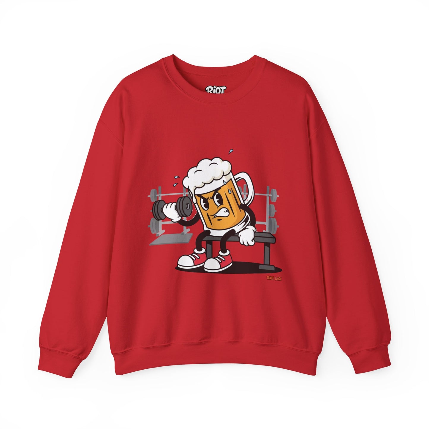 Chugsy McCradle Mascot Lifting Weights Crewneck Sweatshirt | Gym Mascot Apparel