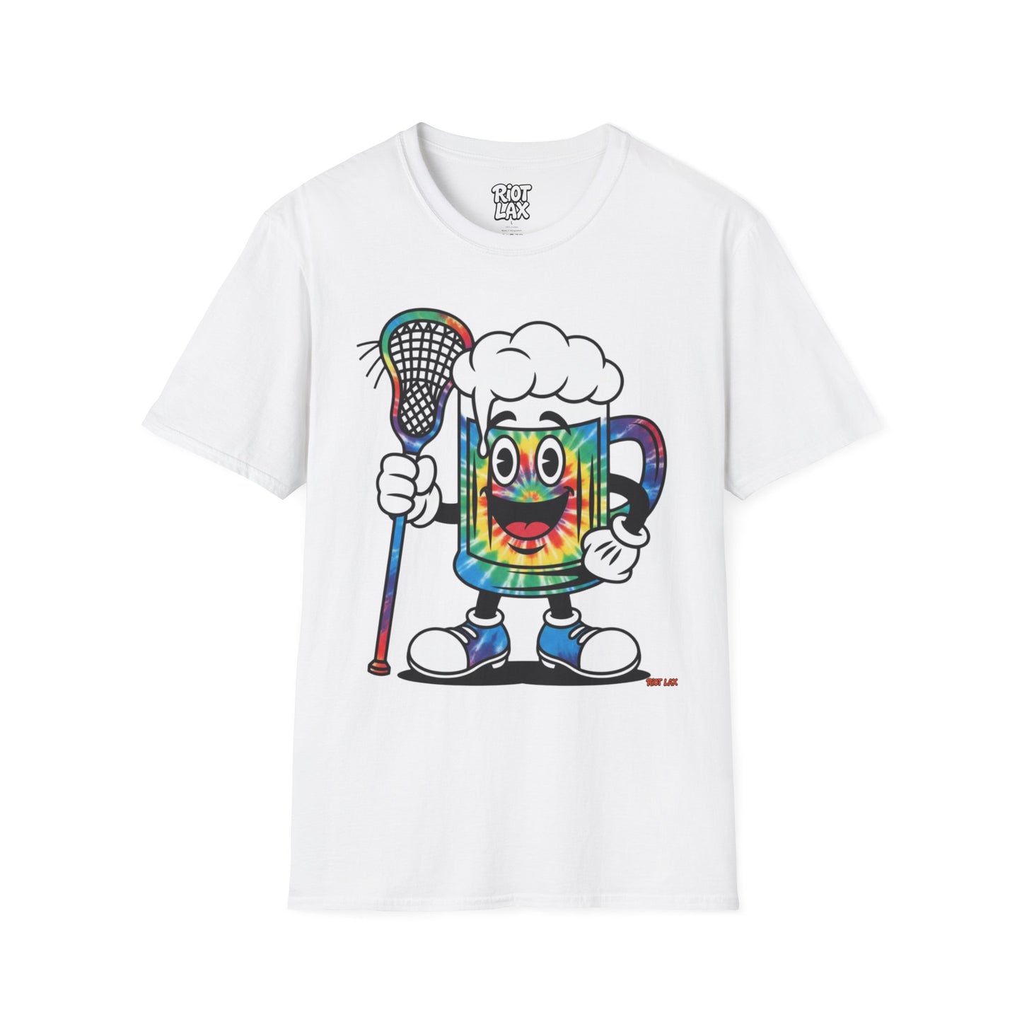 Lacrosse Beer Mug T-Shirt — Colorful Tie-Dye Beer Mascot Tee