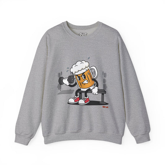 Chugsy McCradle Mascot Lifting Weights Crewneck Sweatshirt | Gym Mascot Apparel