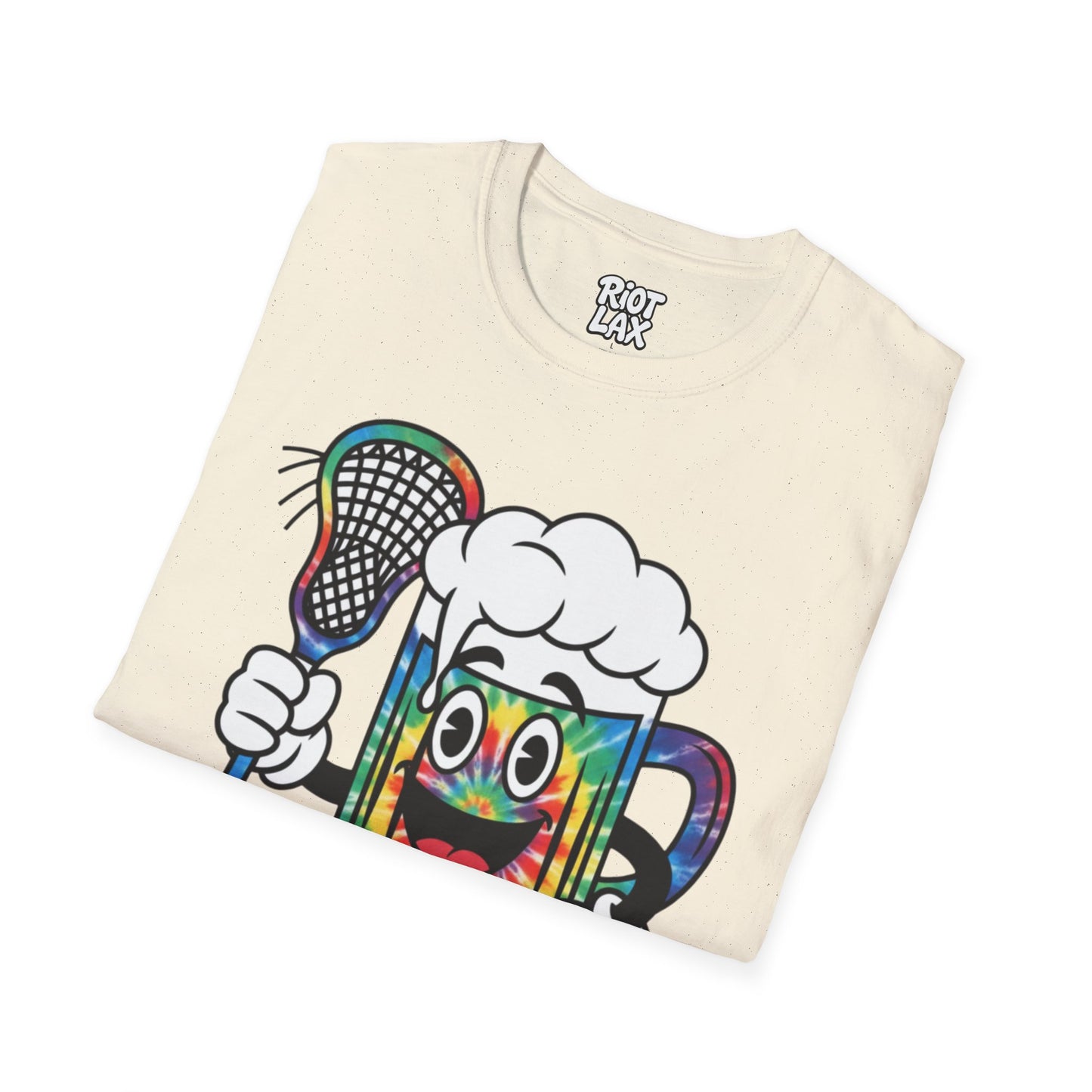 Lacrosse Beer Mug T-Shirt — Colorful Tie-Dye Beer Mascot Tee