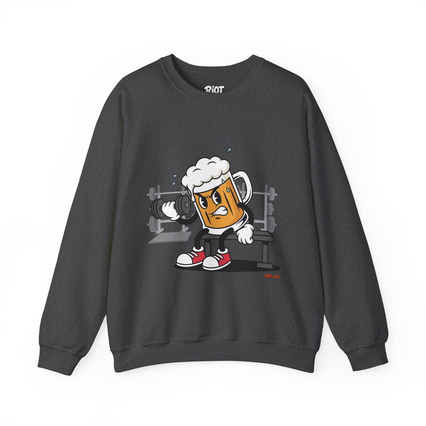 Chugsy McCradle Mascot Lifting Weights Crewneck Sweatshirt | Gym Mascot Apparel