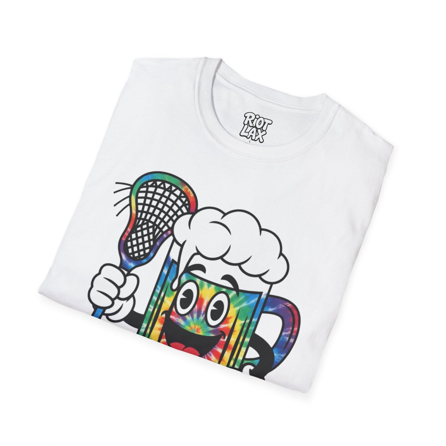 Lacrosse Beer Mug T-Shirt — Colorful Tie-Dye Beer Mascot Tee