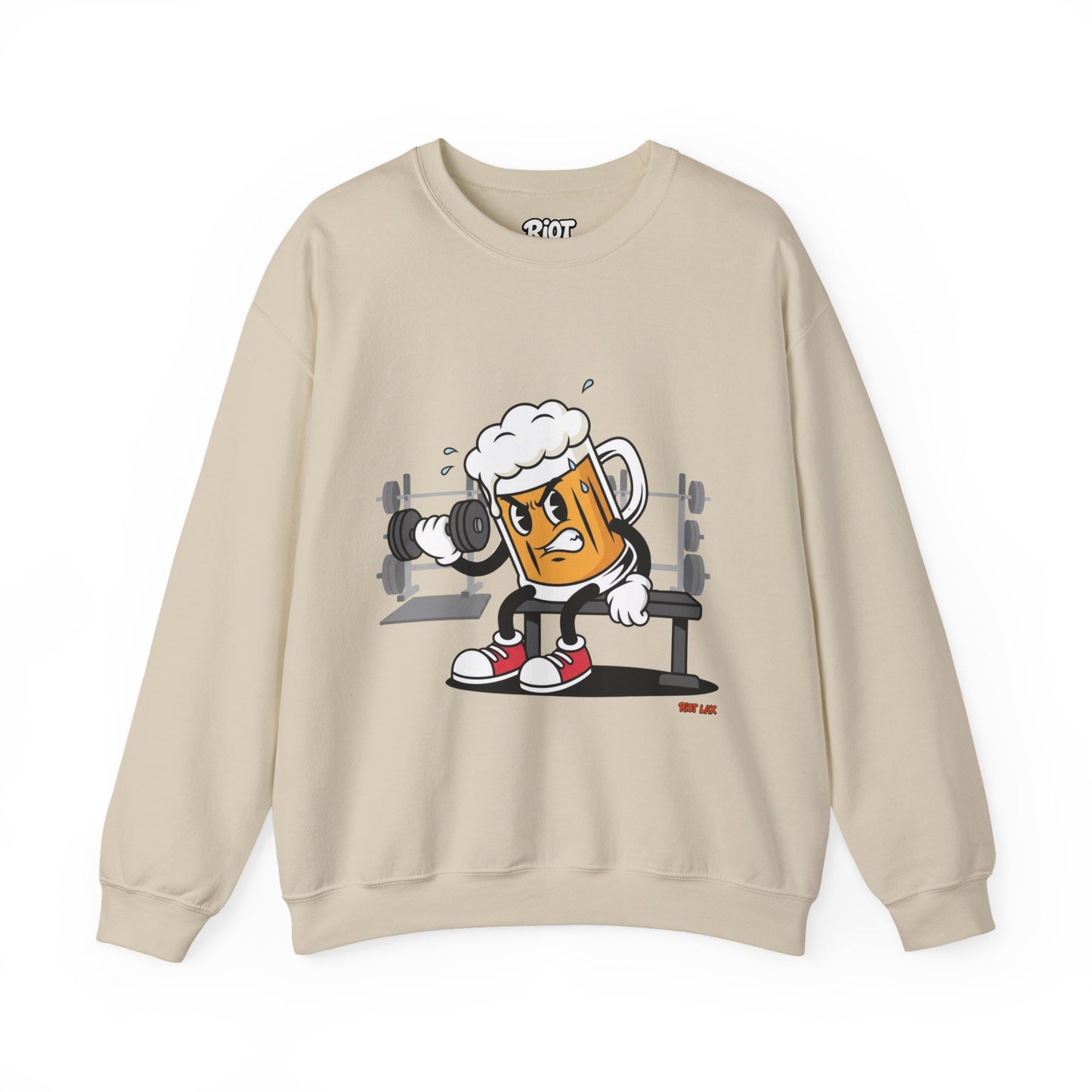Chugsy McCradle Mascot Lifting Weights Crewneck Sweatshirt | Gym Mascot Apparel