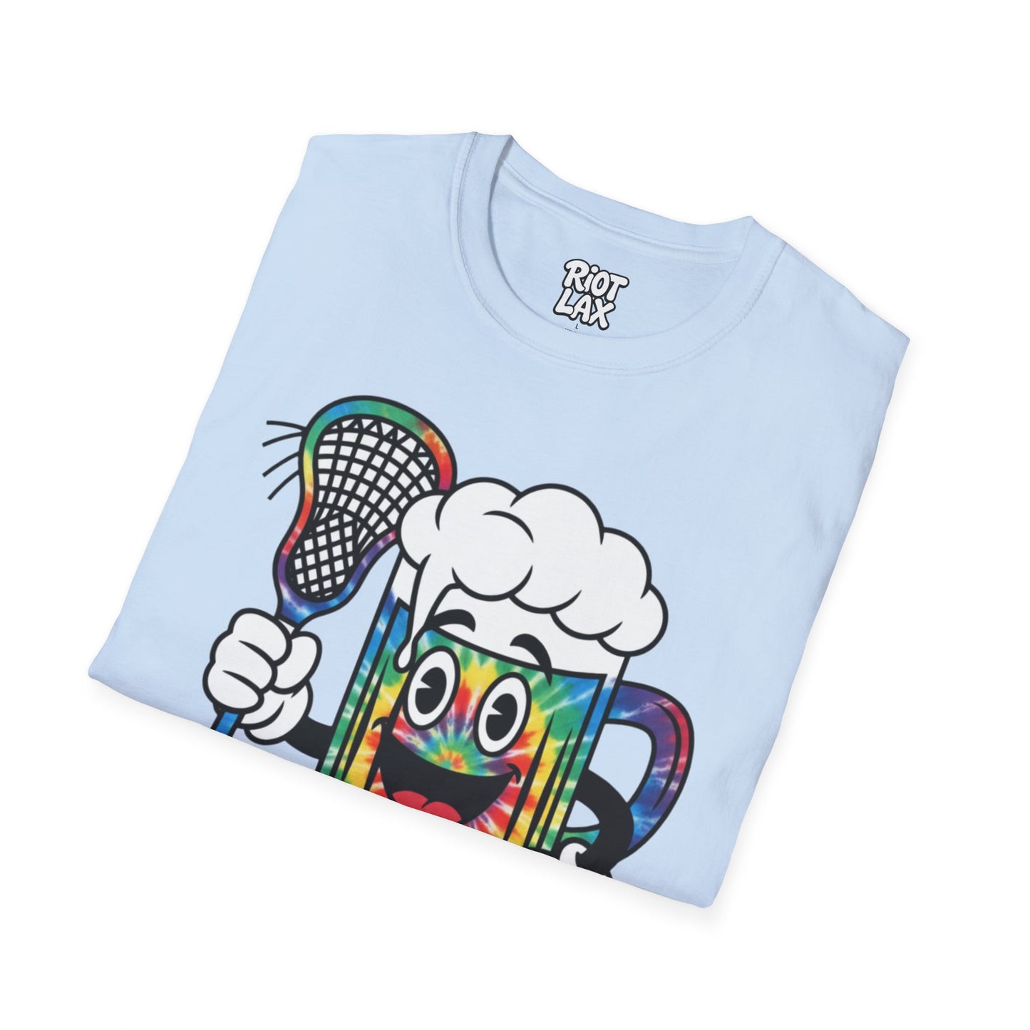 Lacrosse Beer Mug T-Shirt — Colorful Tie-Dye Beer Mascot Tee