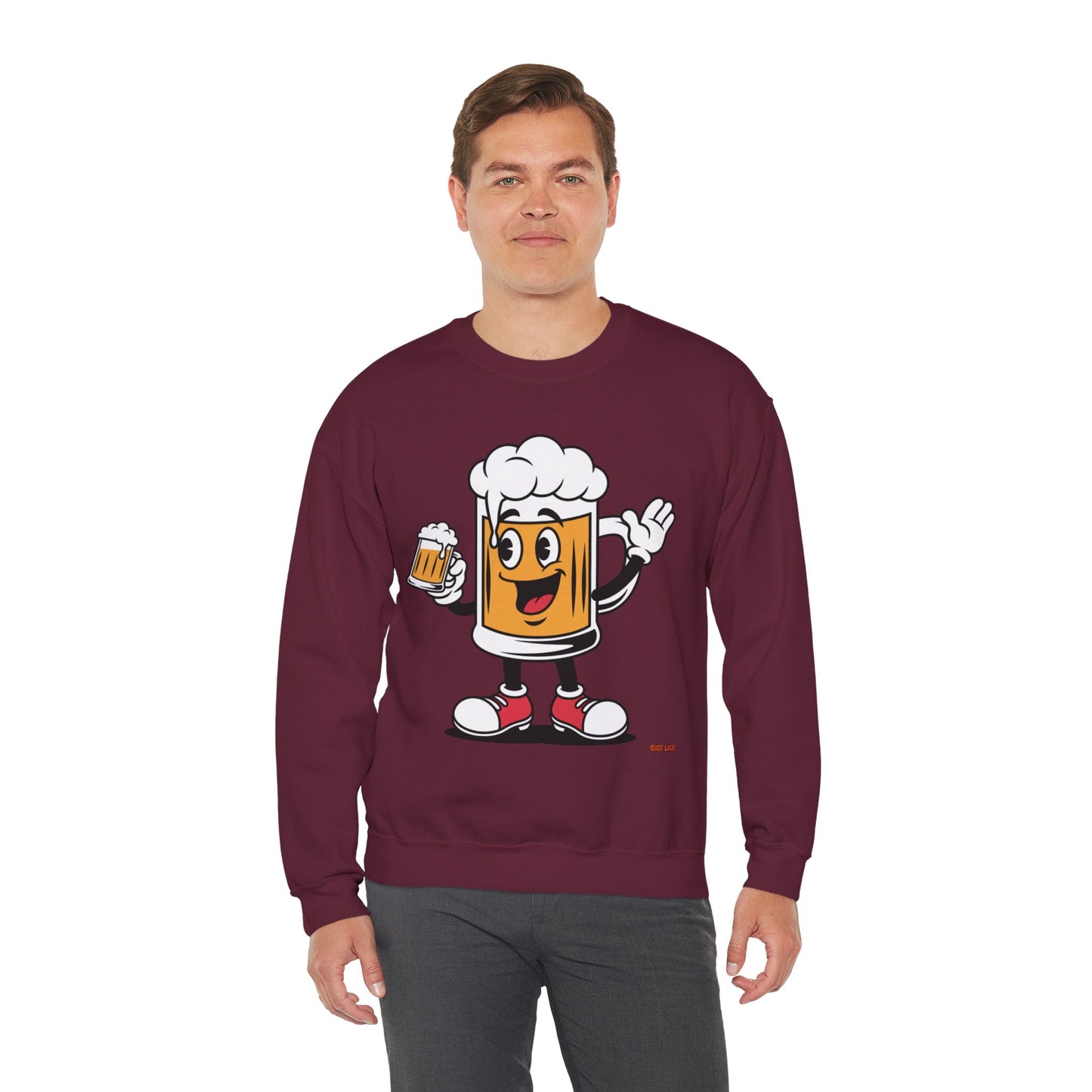 Happy Beer Mug Crewneck Sweatshirt — Retro Cartoon Cheers Design