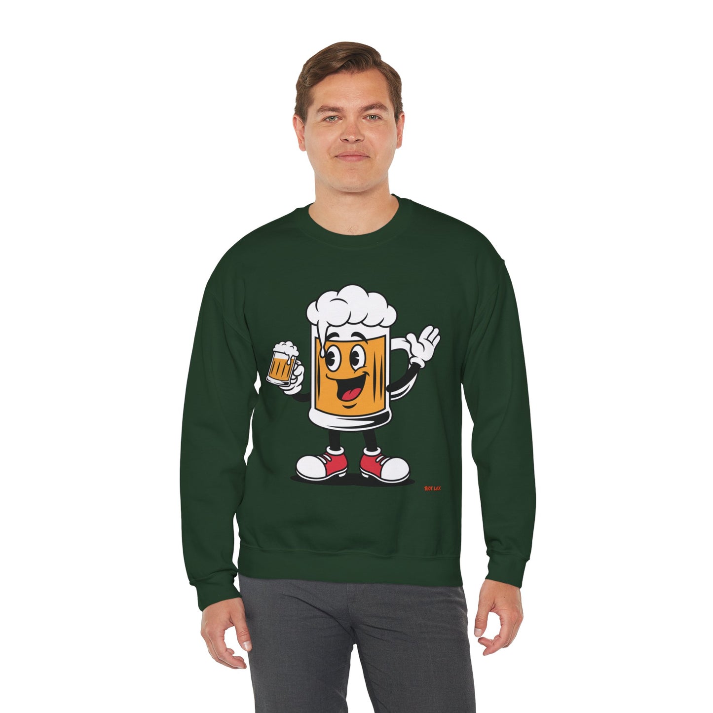 Happy Beer Mug Crewneck Sweatshirt — Retro Cartoon Cheers Design