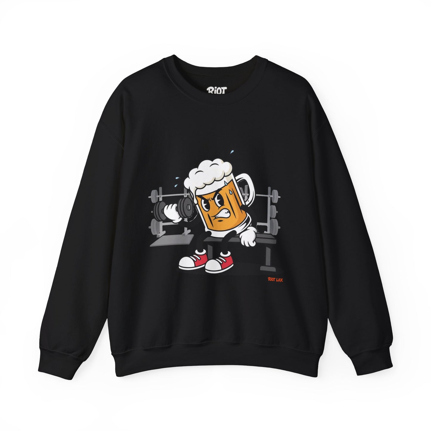 Chugsy McCradle Mascot Lifting Weights Crewneck Sweatshirt | Gym Mascot Apparel