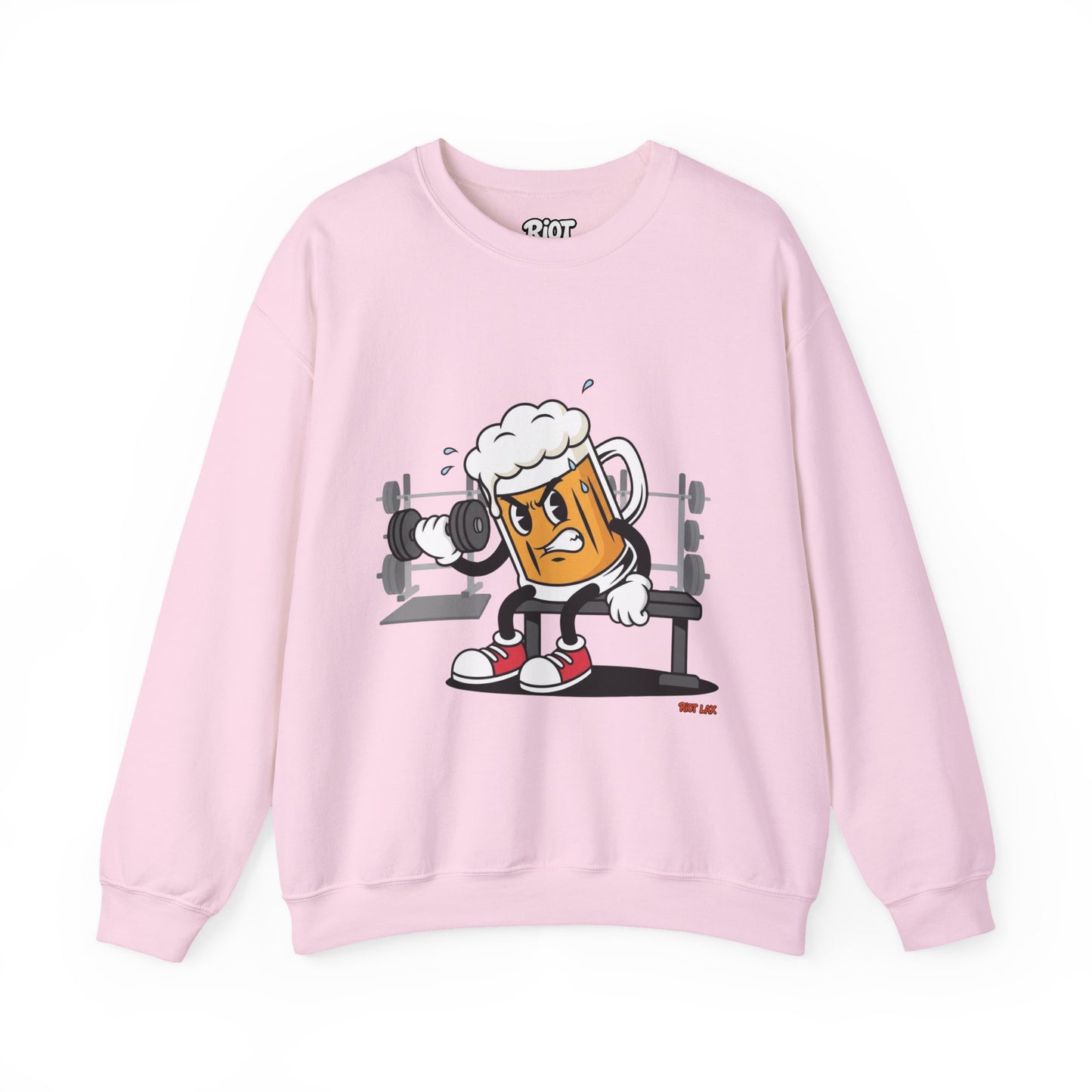 Chugsy McCradle Mascot Lifting Weights Crewneck Sweatshirt | Gym Mascot Apparel