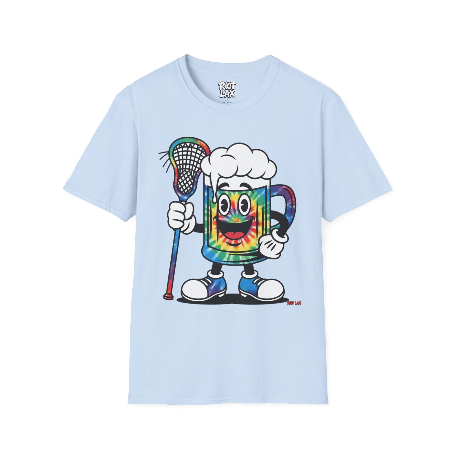 Lacrosse Beer Mug T-Shirt — Colorful Tie-Dye Beer Mascot Tee