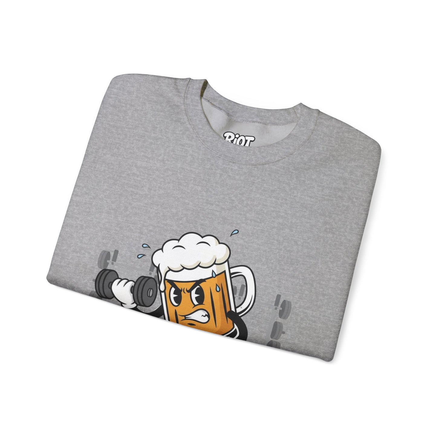 Chugsy McCradle Mascot Lifting Weights Crewneck Sweatshirt | Gym Mascot Apparel