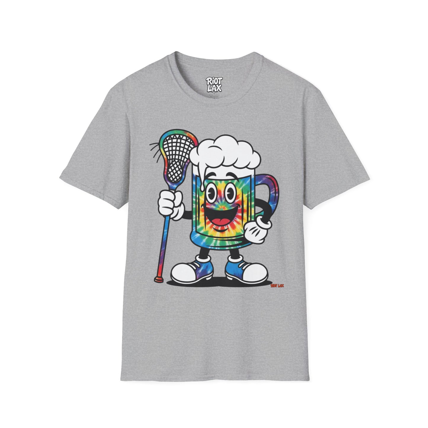 Lacrosse Beer Mug T-Shirt — Colorful Tie-Dye Beer Mascot Tee